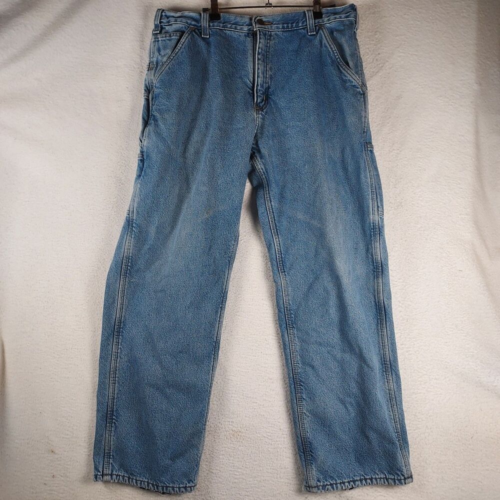 Carhartt Lined Carpenter Jeans Mens 36x30 Blue Denim Flannel Hammer Loop